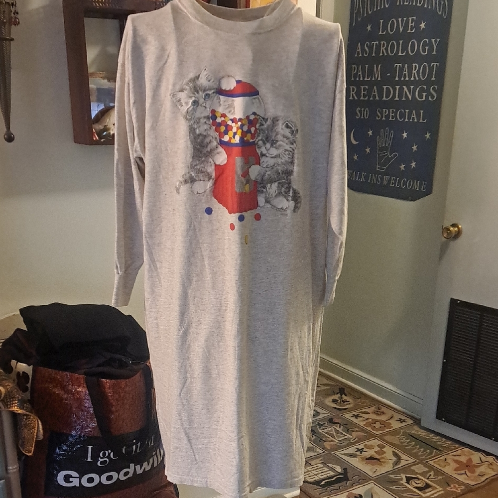 Vintage 90s Cat Long Sleeve T Shirt Dress, M/L/XL